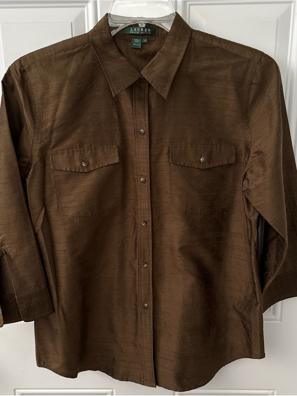 Lauren Ralph Lauren Women’s Brown Silk Button-Down Shirt with Front Pockets
